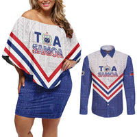 Custom Toa Samoa Rugby Couples Matching Off Shoulder Short Dress and Long Sleeve Button Shirt 1992-1993 Special Edition LT01 Blue - Polynesian Pride