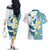 Maori Manta Ray Plumeria Teal Couples Matching Off The Shoulder Long Sleeve Dress and Hawaiian Shirt