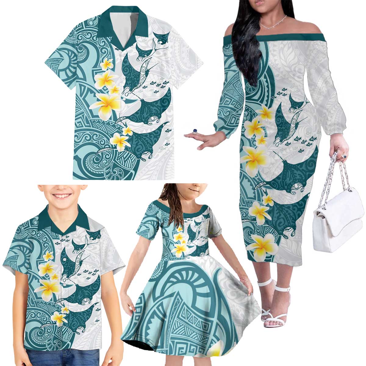 Maori Manta Ray Plumeria Teal Family Matching Off The Shoulder Long Sleeve Dress and Hawaiian Shirt