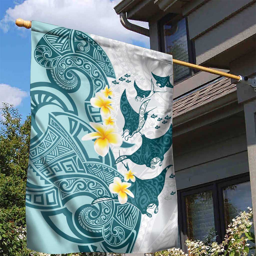 Maori Manta Ray Plumeria Teal Garden Flag LT01 - Polynesian Pride