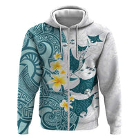 Maori Manta Ray Plumeria Teal Hoodie LT01 Zip Hoodie Teal - Polynesian Pride