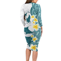Maori Manta Ray Plumeria Teal Long Sleeve Bodycon Dress LT01 - Polynesian Pride