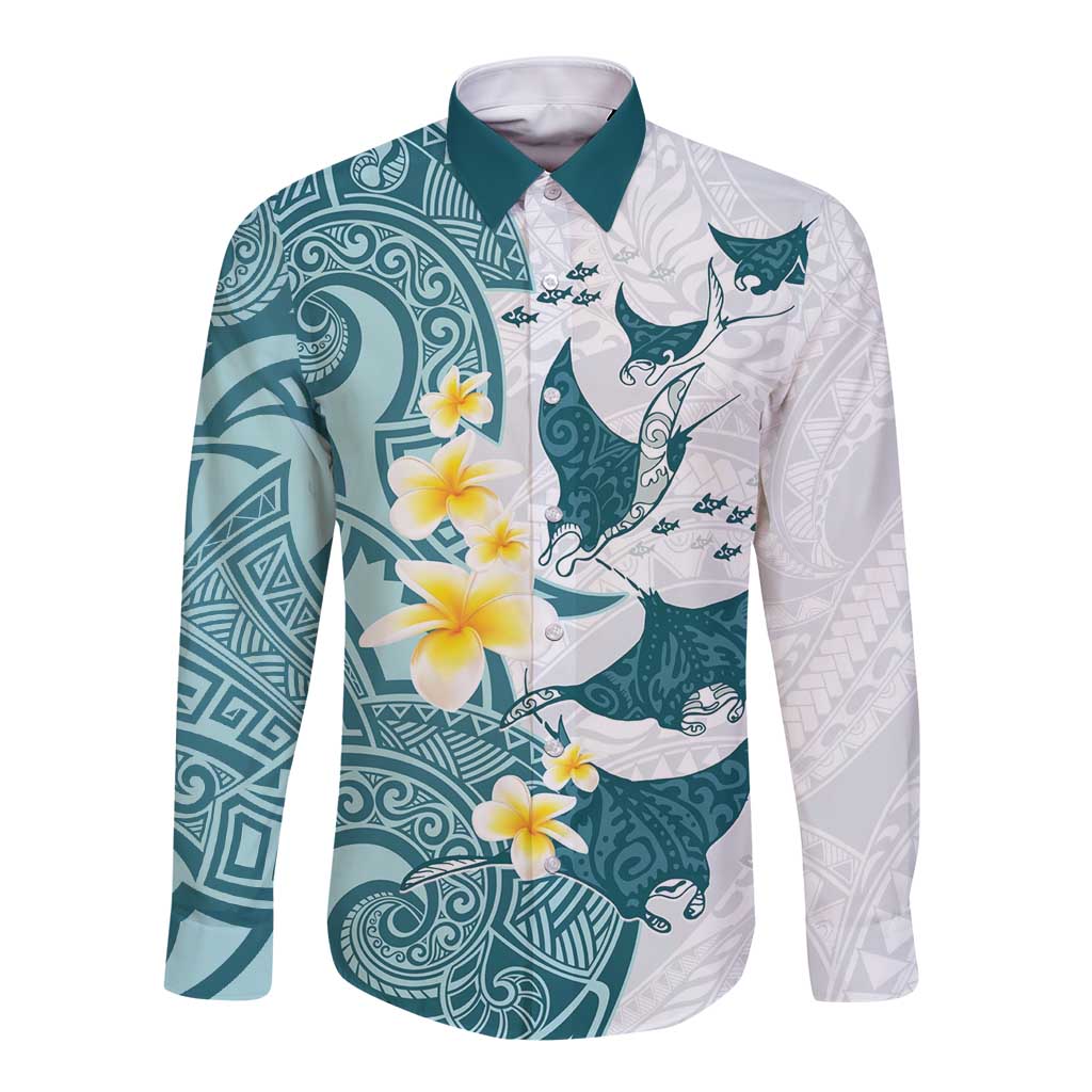 Maori Manta Ray Plumeria Teal Long Sleeve Button Shirt LT01 Unisex Teal - Polynesian Pride