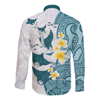 Maori Manta Ray Plumeria Teal Long Sleeve Button Shirt LT01 - Polynesian Pride