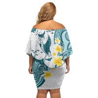 Maori Manta Ray Plumeria Teal Off Shoulder Short Dress LT01 - Polynesian Pride