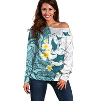 Maori Manta Ray Plumeria Teal Off Shoulder Sweater LT01 Women Teal - Polynesian Pride