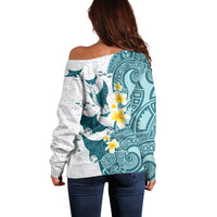 Maori Manta Ray Plumeria Teal Off Shoulder Sweater LT01 - Polynesian Pride