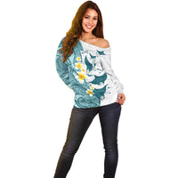 Maori Manta Ray Plumeria Teal Off Shoulder Sweater LT01 - Polynesian Pride