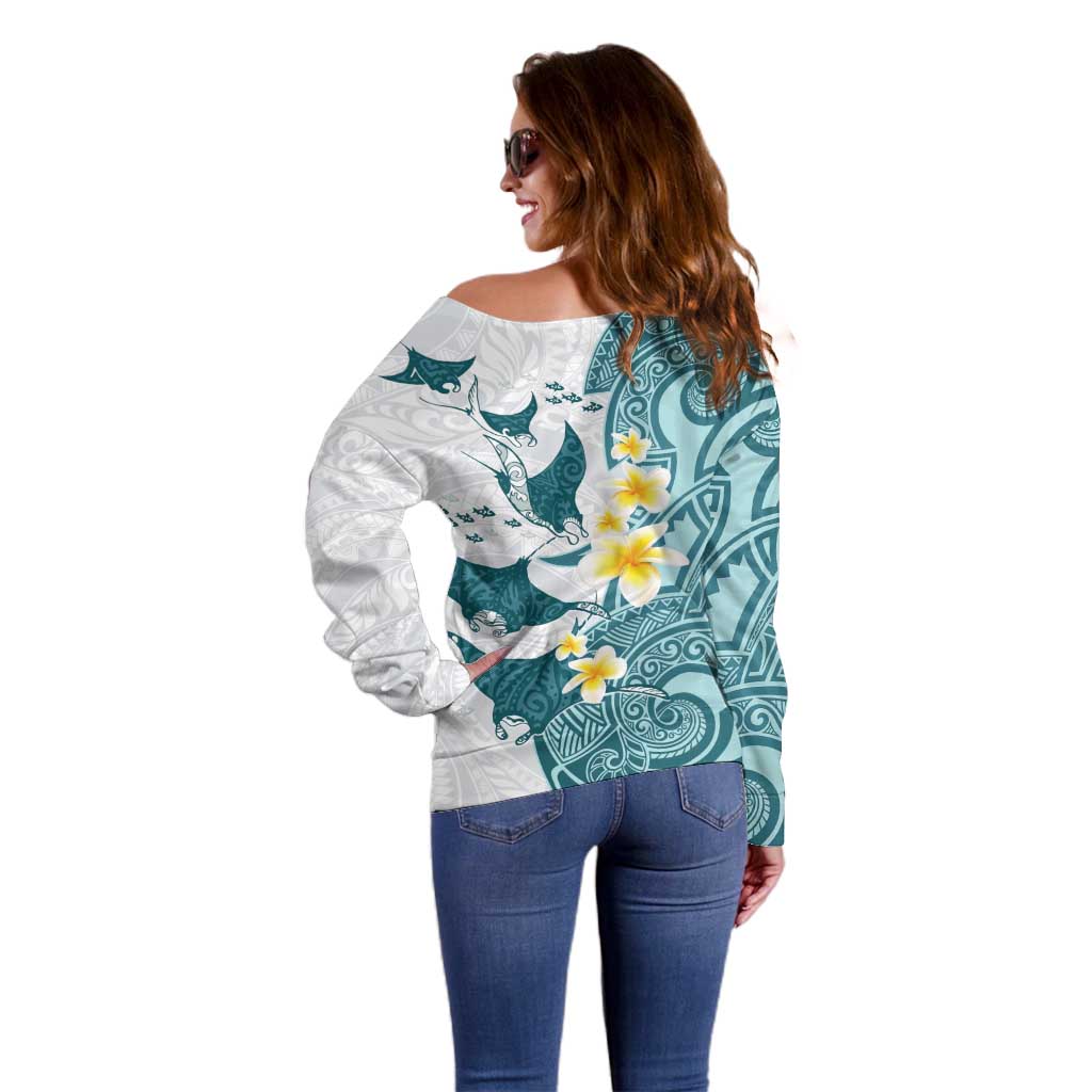 Maori Manta Ray Plumeria Teal Off Shoulder Sweater LT01 - Polynesian Pride