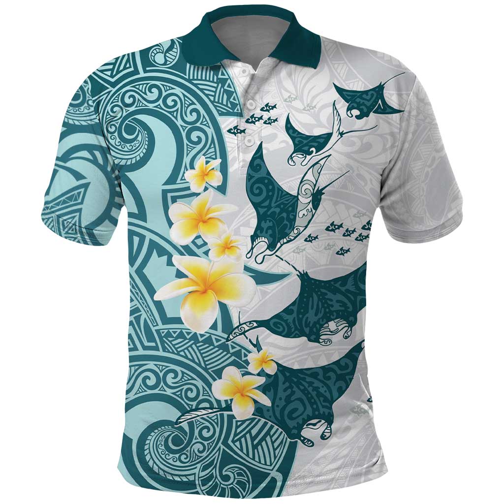 Maori Manta Ray Plumeria Teal Polo Shirt