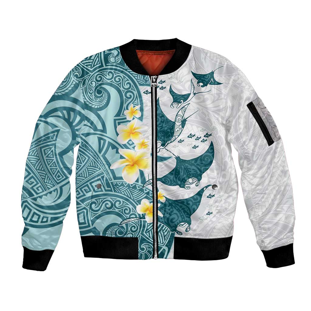 Maori Manta Ray Plumeria Teal Sleeve Zip Bomber Jacket LT01 Unisex Teal - Polynesian Pride