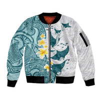 Maori Manta Ray Plumeria Teal Sleeve Zip Bomber Jacket LT01 Unisex Teal - Polynesian Pride