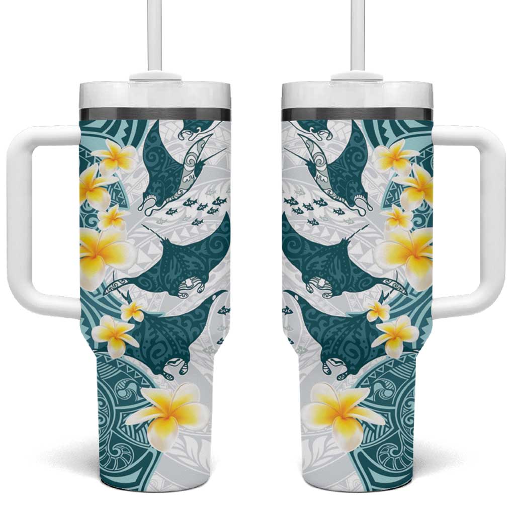 Maori Manta Ray Plumeria Teal Tumbler With Handle LT01 One Size: 40 oz Teal - Polynesian Pride