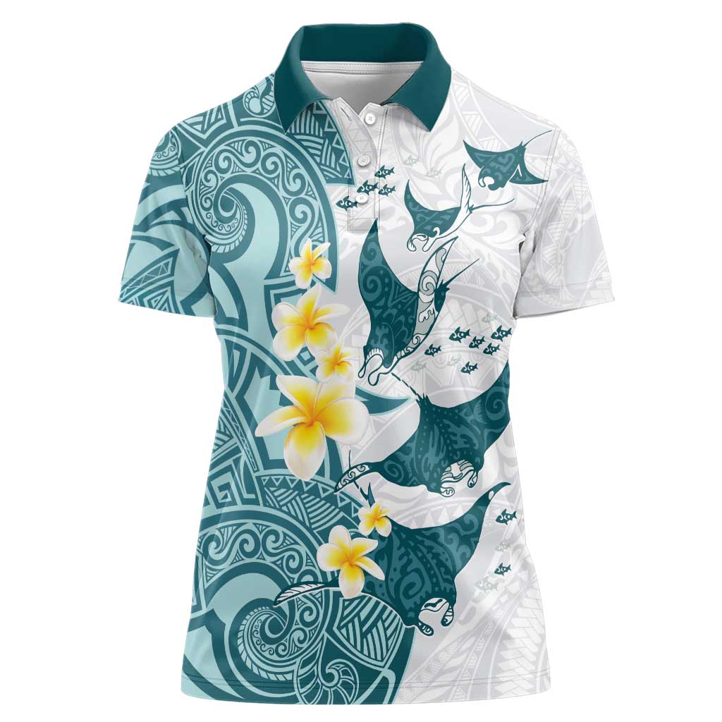 Maori Manta Ray Plumeria Teal Women Polo Shirt