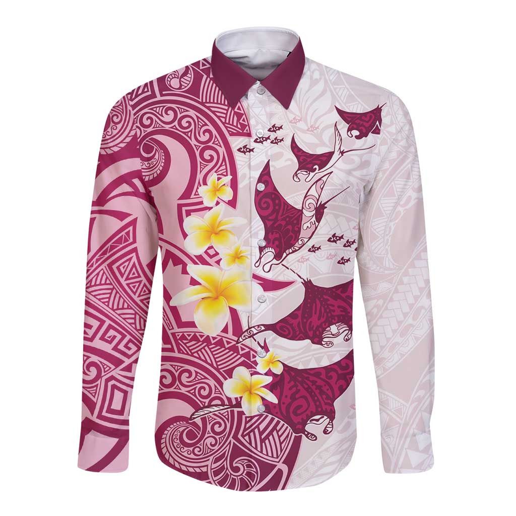 Maori Manta Ray Plumeria Royal Pink Long Sleeve Button Shirt LT01 Unisex Pink - Polynesian Pride