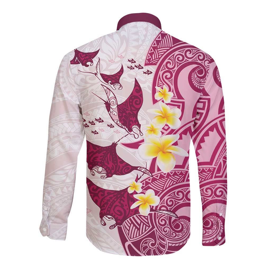 Maori Manta Ray Plumeria Royal Pink Long Sleeve Button Shirt LT01 - Polynesian Pride