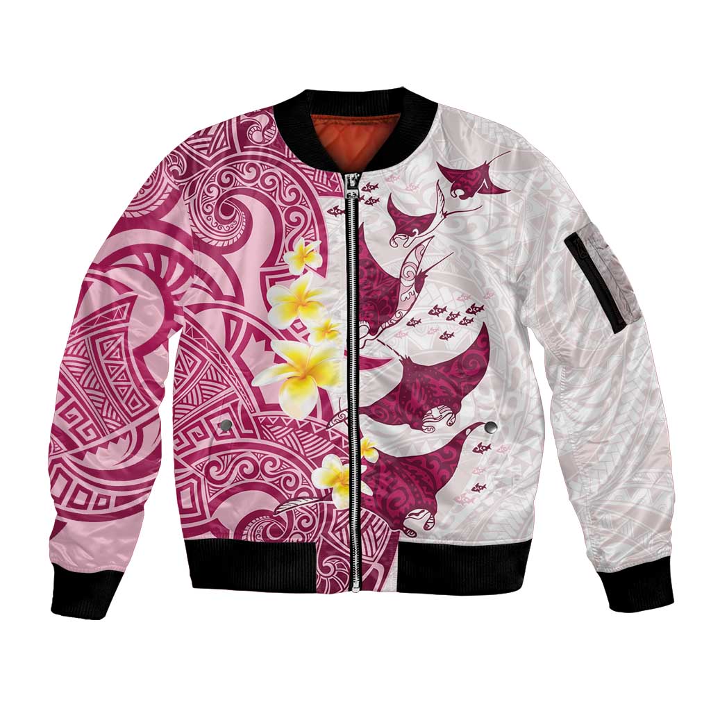 Maori Manta Ray Plumeria Royal Pink Sleeve Zip Bomber Jacket LT01 Unisex Pink - Polynesian Pride