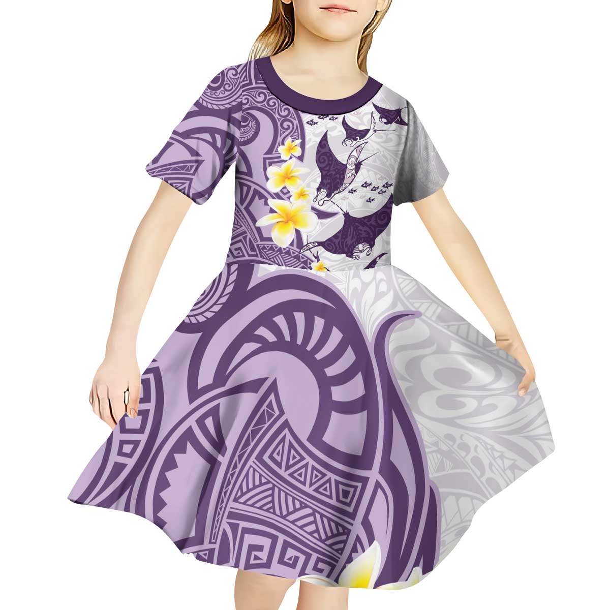 Maori Manta Ray Plumeria Deep Purple Kid Short Sleeve Dress LT01 - Polynesian Pride