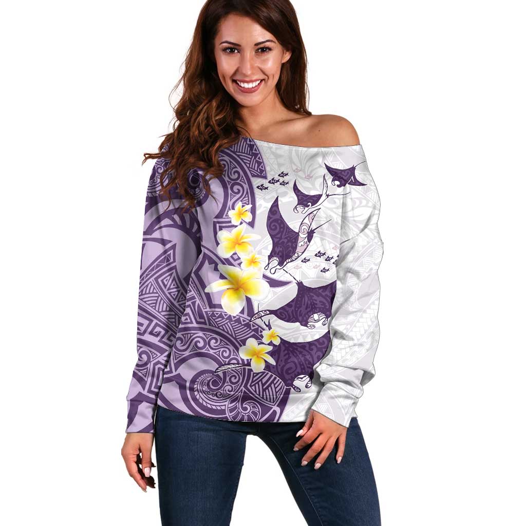Maori Manta Ray Plumeria Deep Purple Off Shoulder Sweater LT01 Women Purple - Polynesian Pride