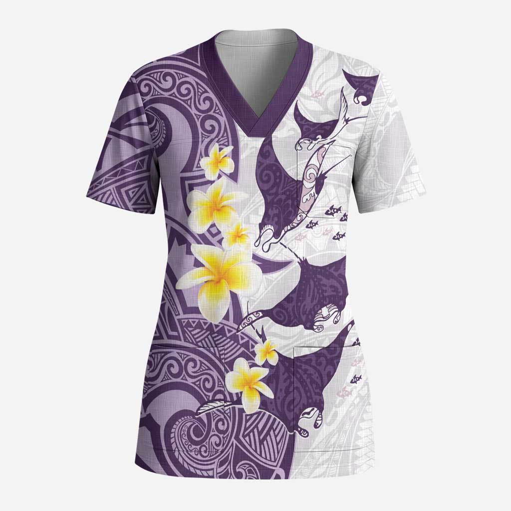 Maori Manta Ray Plumeria Deep Purple Scrub Top LT01 Adult Purple - Polynesian Pride