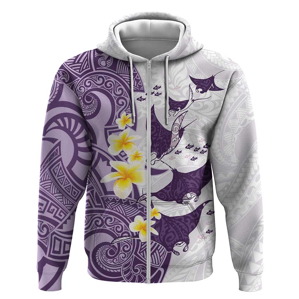 Maori Manta Ray Plumeria Deep Purple Zip Hoodie LT01 Zip Hoodie Purple - Polynesian Pride