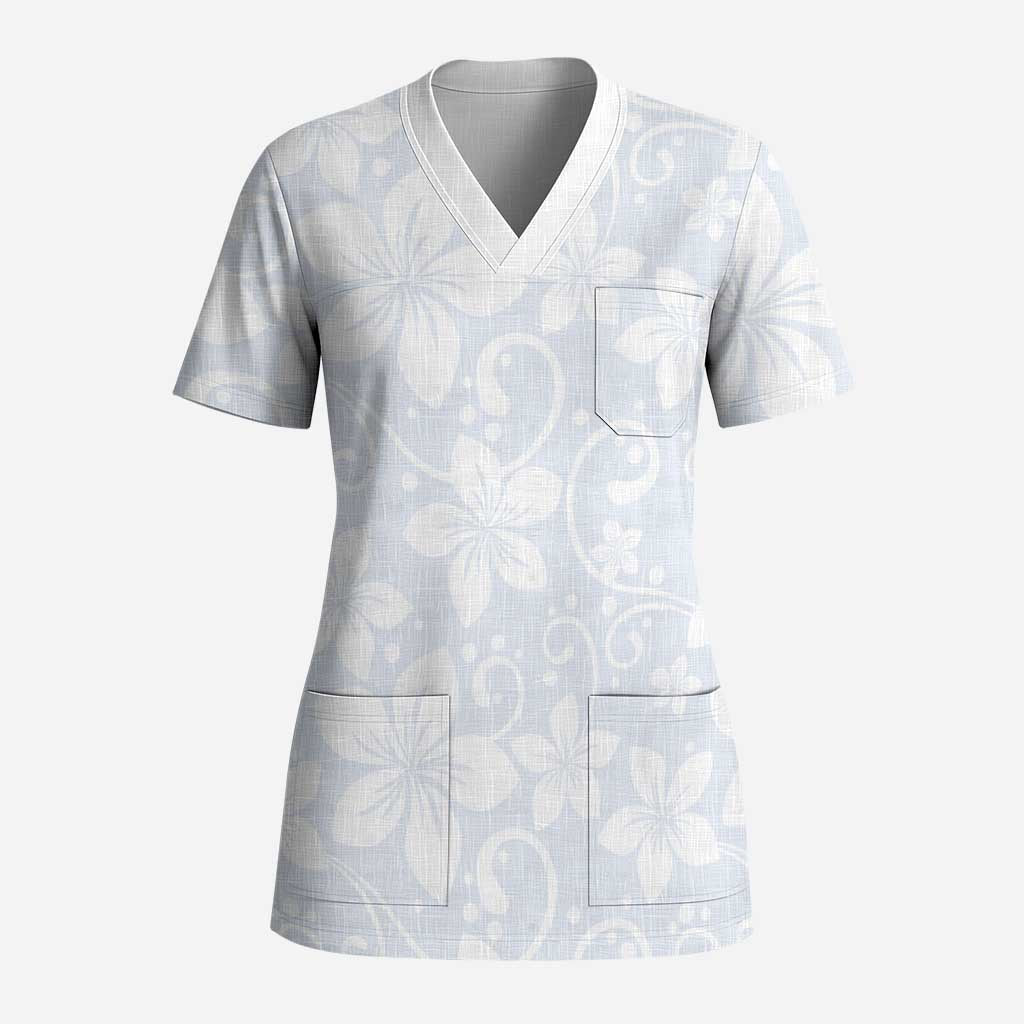 Plumeria Floral White Sunday Scrub Top LT01 Adult White - Polynesian Pride
