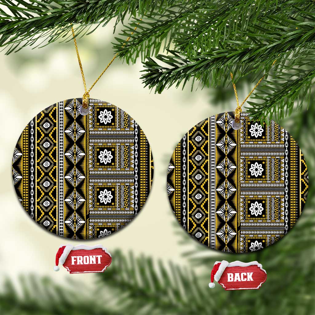 Fiji Masi Tapa Pattern Yellow Ceramic Ornament LT01 Circle Yellow - Polynesian Pride