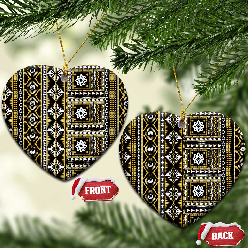 Fiji Masi Tapa Pattern Yellow Ceramic Ornament LT01 Heart Yellow - Polynesian Pride