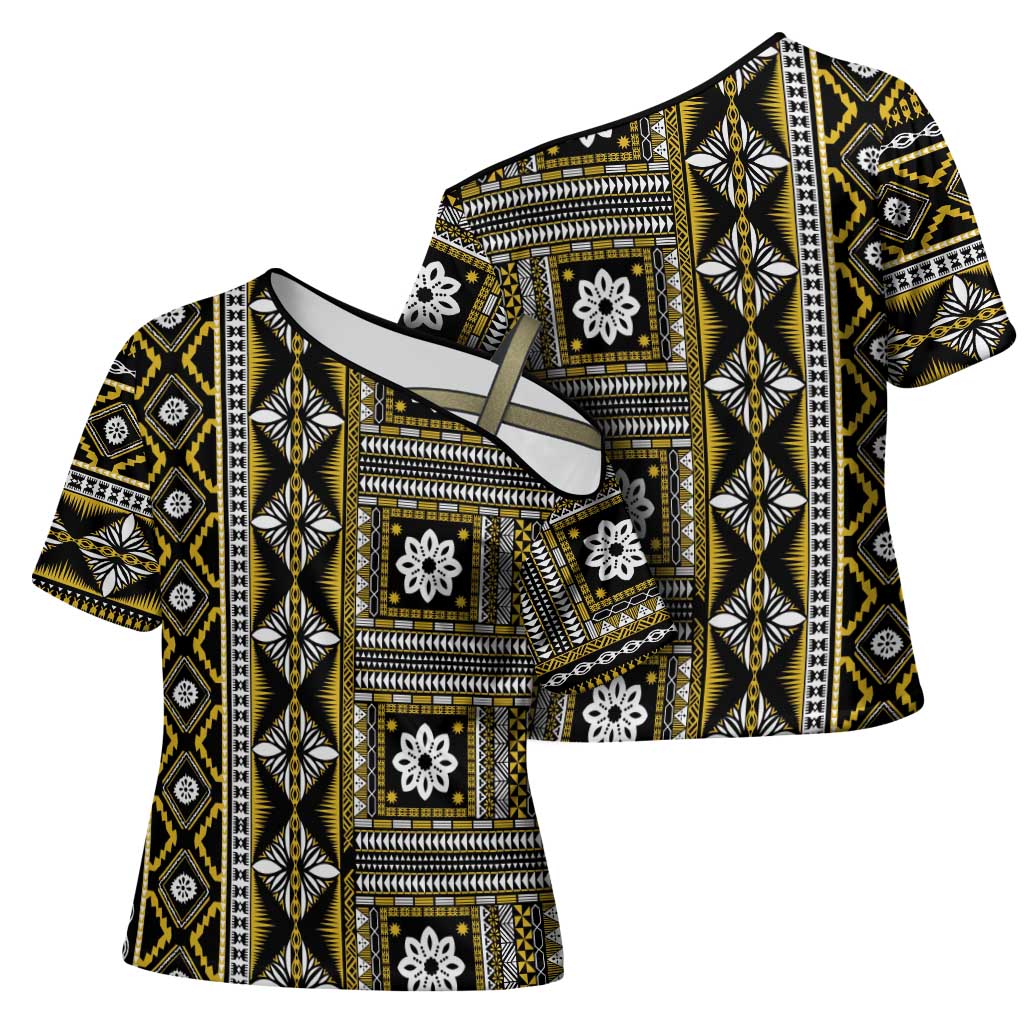 Fiji Masi Tapa Pattern Yellow Cross Shoulder Shirt LT01 - Polynesian Pride