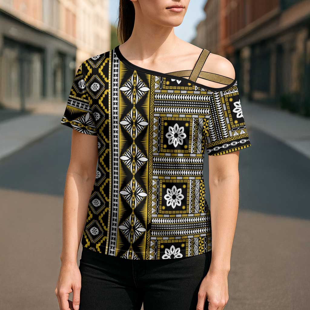 Fiji Masi Tapa Pattern Yellow Cross Shoulder Shirt LT01 - Polynesian Pride