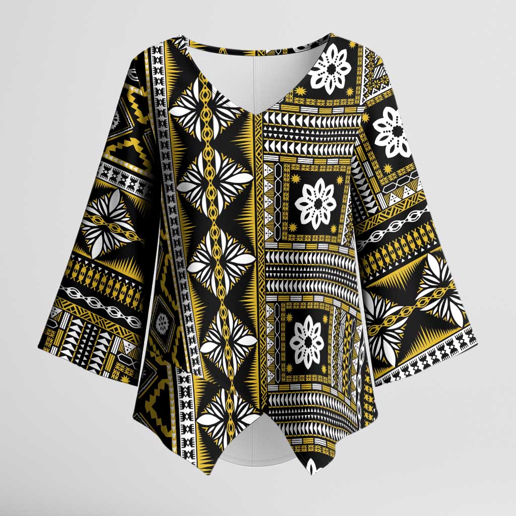 Fiji Masi Tapa Pattern Yellow Kimono Sleeve Blouse LT01 Female Yellow - Polynesian Pride