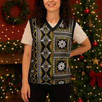 Fiji Masi Tapa Pattern Yellow Christmas Knitted V-Neck Vest LT01 - Polynesian Pride
