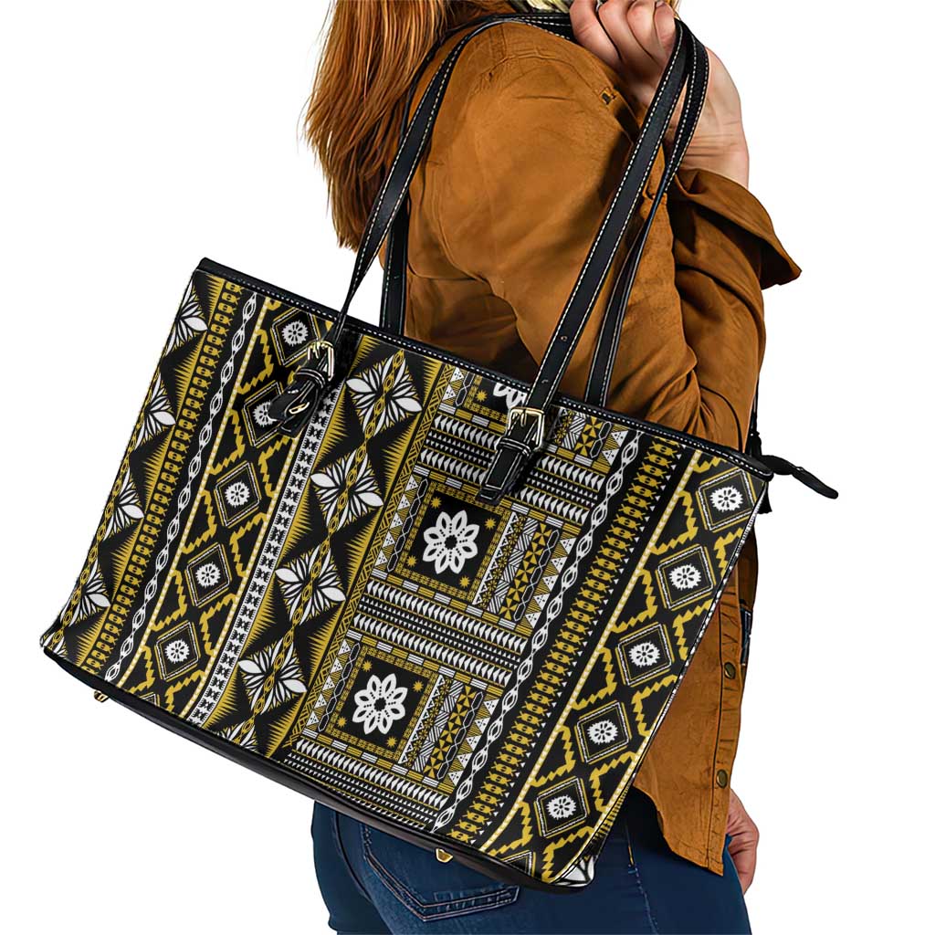 Fiji Masi Tapa Pattern Yellow Leather Tote Bag LT01 - Polynesian Pride