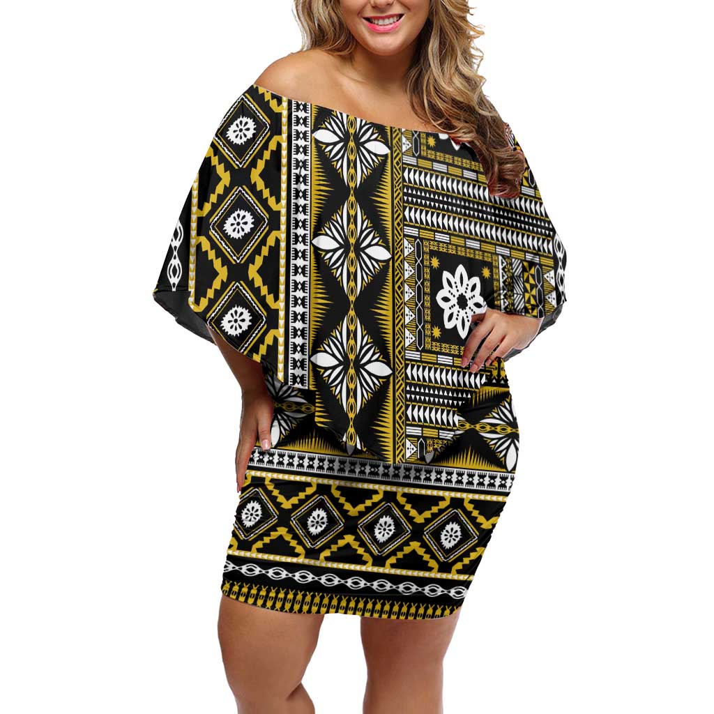 Fiji Masi Tapa Pattern Yellow Off Shoulder Short Dress LT01 Women Yellow - Polynesian Pride