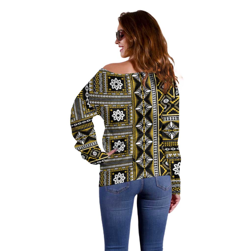 Fiji Masi Tapa Pattern Yellow Off Shoulder Sweater LT01 - Polynesian Pride