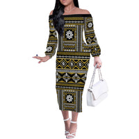 Fiji Masi Tapa Pattern Yellow Off The Shoulder Long Sleeve Dress LT01 Women Yellow - Polynesian Pride