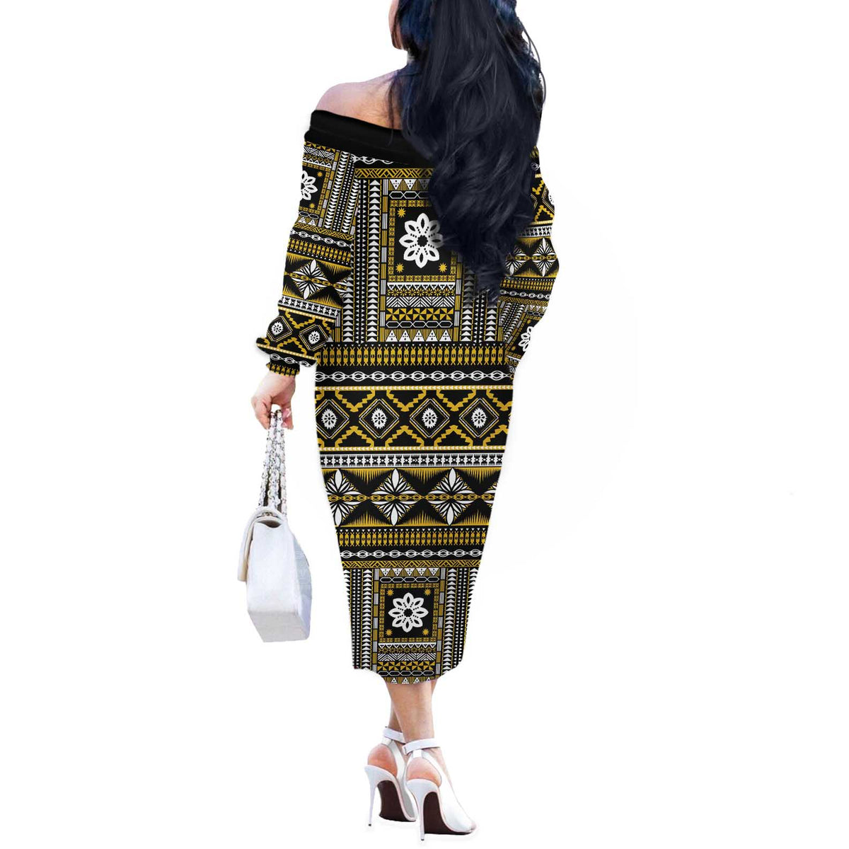 Fiji Masi Tapa Pattern Yellow Off The Shoulder Long Sleeve Dress LT01 - Polynesian Pride