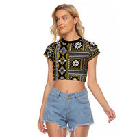 Fiji Masi Tapa Pattern Yellow Raglan Cropped T Shirt LT01 Female Yellow - Polynesian Pride