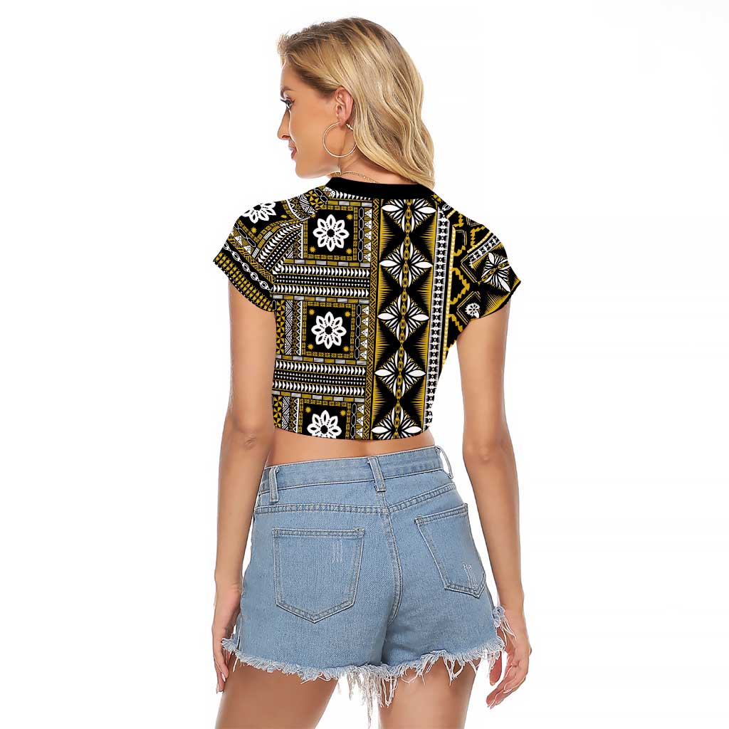 Fiji Masi Tapa Pattern Yellow Raglan Cropped T Shirt LT01 - Polynesian Pride