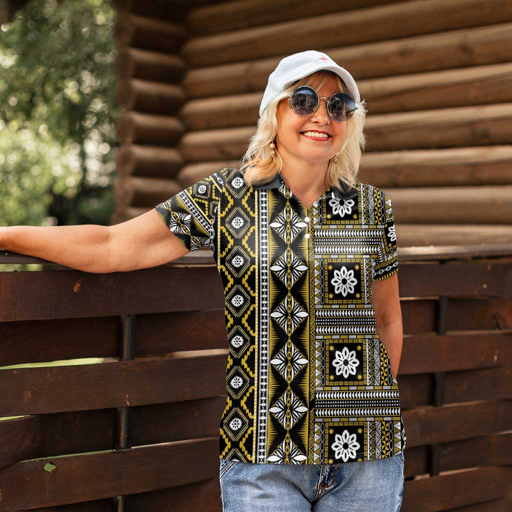 Fiji Masi Tapa Pattern Yellow Women Polo Shirt LT01 - Polynesian Pride