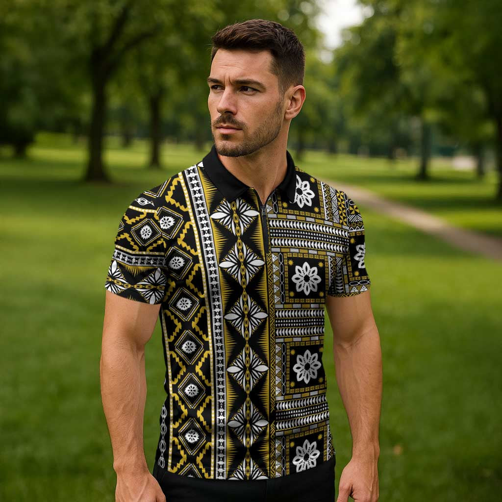 Fiji Masi Tapa Pattern Yellow Zipper Polo Shirt LT01 - Polynesian Pride