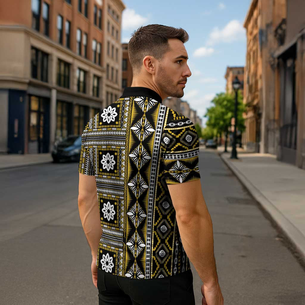 Fiji Masi Tapa Pattern Yellow Zipper Polo Shirt LT01 - Polynesian Pride