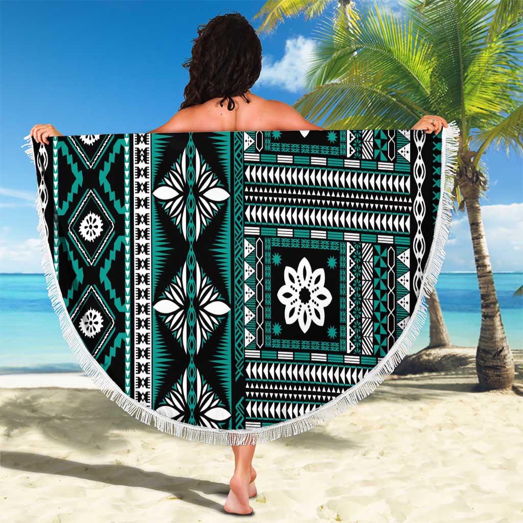 Fiji Masi Tapa Pattern Teal Beach Blanket LT01 - Polynesian Pride