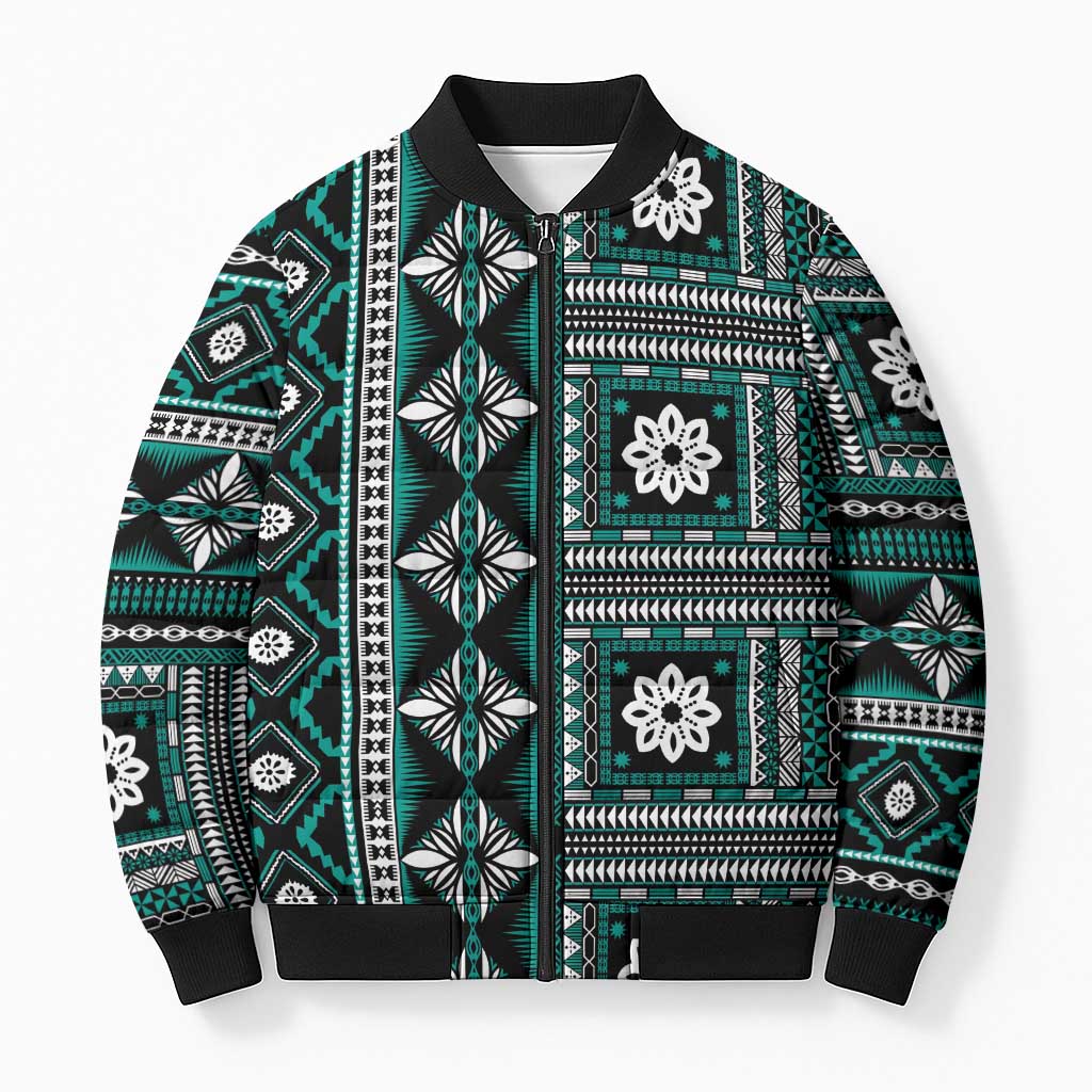 Fiji Masi Tapa Pattern Teal Bomber Puffer Jacket LT01 Unisex Teal - Polynesian Pride