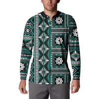 Fiji Masi Tapa Pattern Teal Button Sweatshirt LT01 - Polynesian Pride