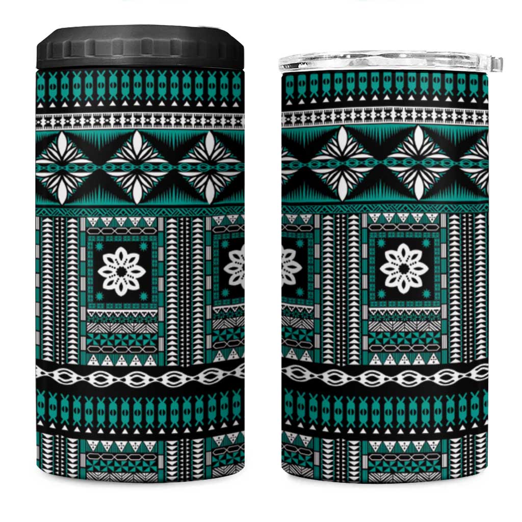Fiji Masi Tapa Pattern Teal 4 in 1 Can Cooler Tumbler LT01 One Size: 16 oz Teal - Polynesian Pride