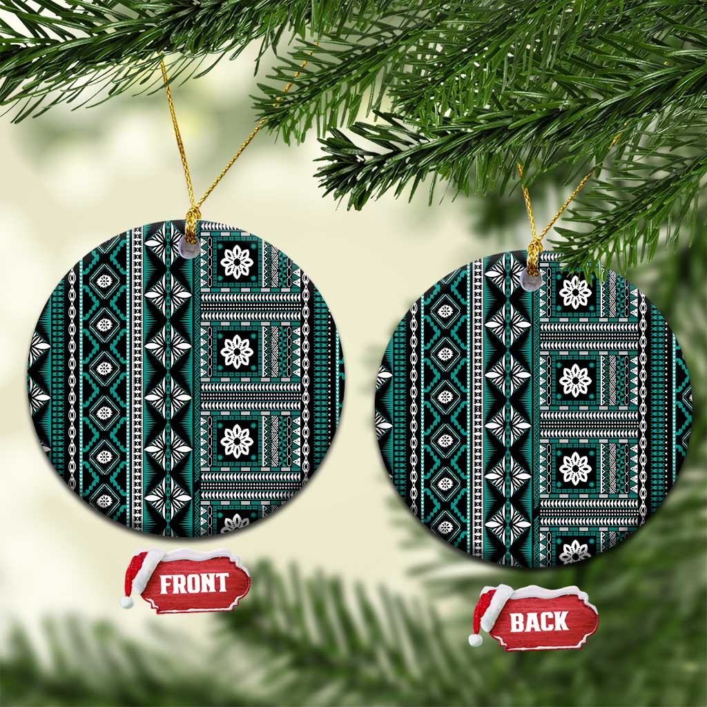 Fiji Masi Tapa Pattern Teal Ceramic Ornament LT01 Circle Teal - Polynesian Pride