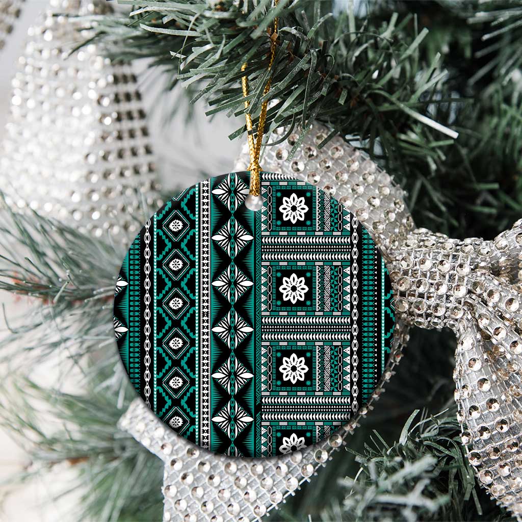 Fiji Masi Tapa Pattern Teal Ceramic Ornament LT01 - Polynesian Pride