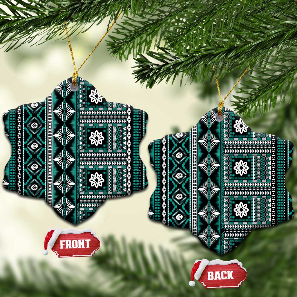 Fiji Masi Tapa Pattern Teal Ceramic Ornament LT01 Snow Flake Teal - Polynesian Pride