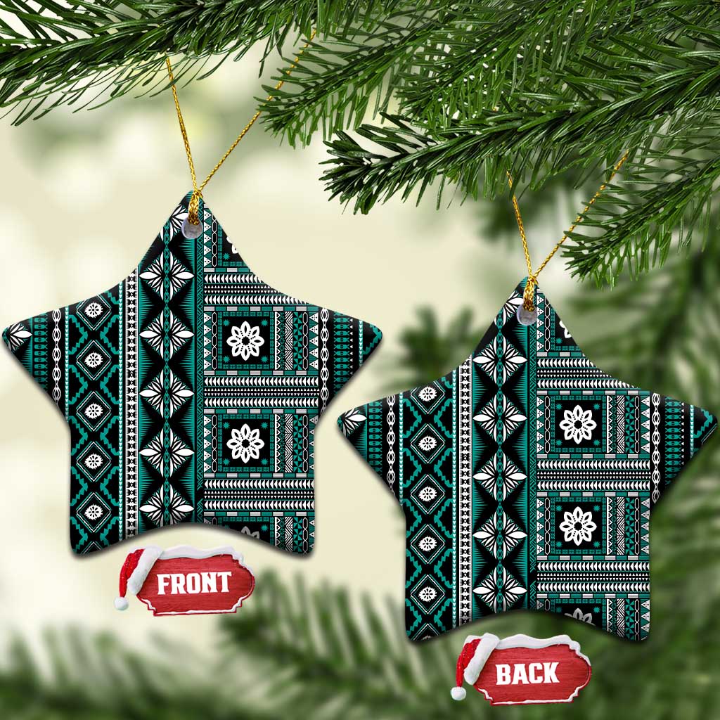 Fiji Masi Tapa Pattern Teal Ceramic Ornament LT01 Star Teal - Polynesian Pride